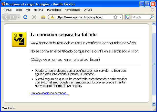 Mensaje de Firefox conforme no confía en el certificado